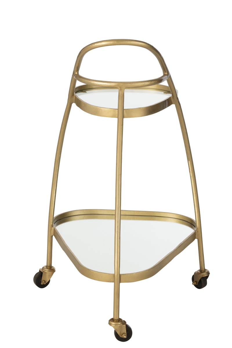 Elegant triangular service trolley made of metal in mirror gold