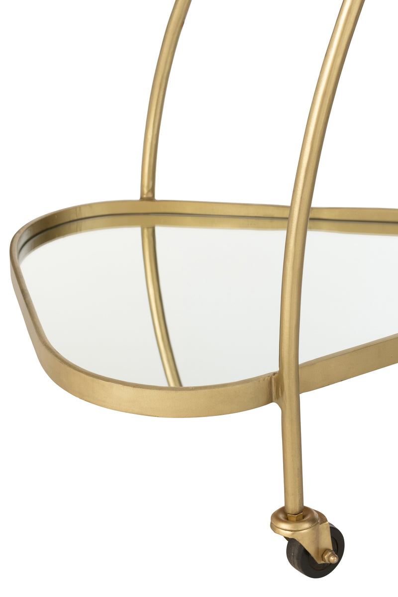 Elegant triangular service trolley made of metal in mirror gold