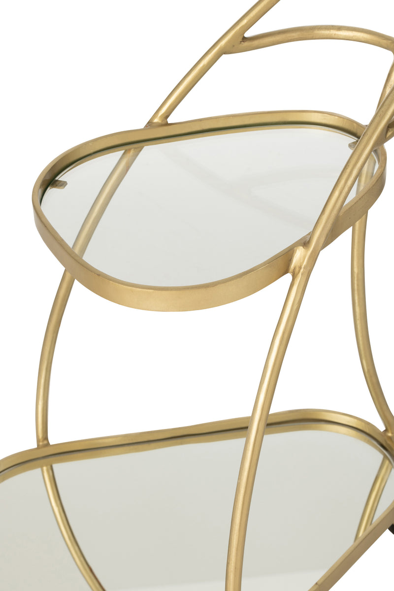 Elegant triangular service trolley made of metal in mirror gold