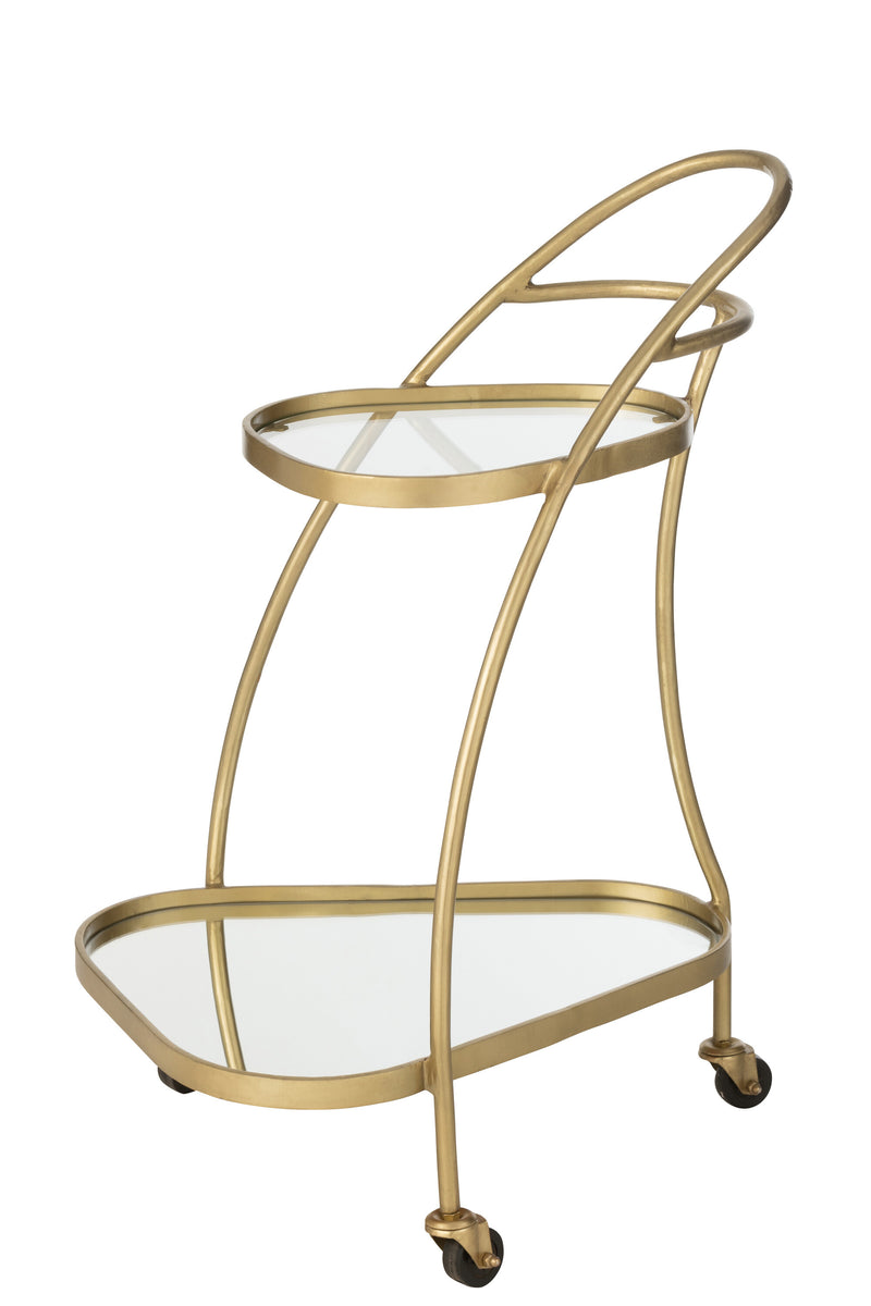 Elegant triangular service trolley made of metal in mirror gold