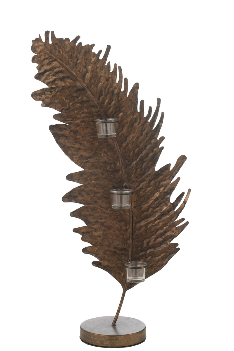 Candle holder leaf made of metal and glass – brown, 81 cm height