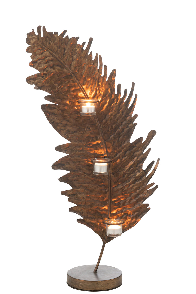 Candle holder leaf made of metal and glass – brown, 81 cm height