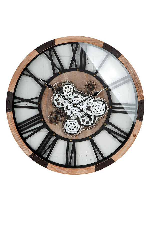 Wood metal wall clock with rotating gears 67.5cm
