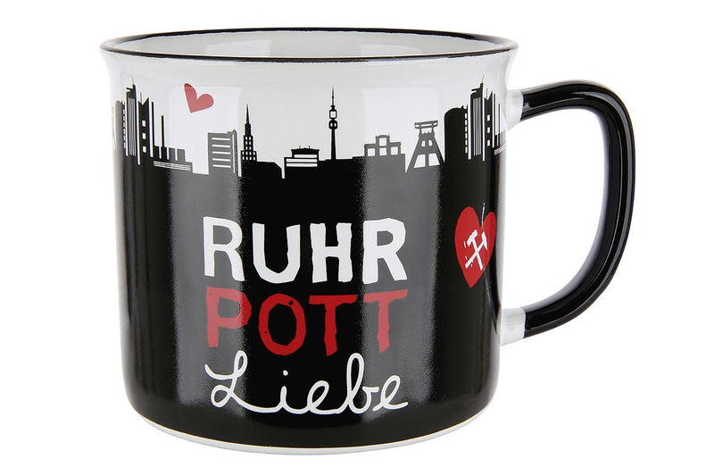 Ruhrpott Liebe - Set van 6 keramische kopjes in emaille-design, rood/zwart/wit, 390 ml