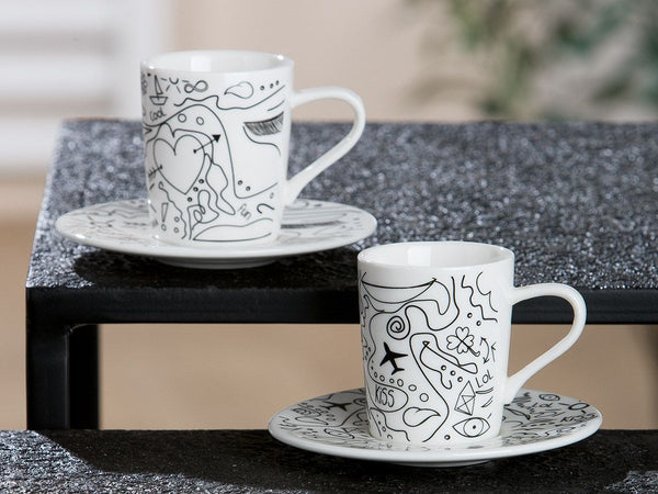 Espressoset 'Modern Art' met enkellijns design gemaakt van bone china - 2 kopjes met schotels