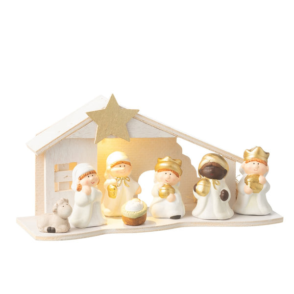 Nativity scene with LED porcelain, white/gold, large