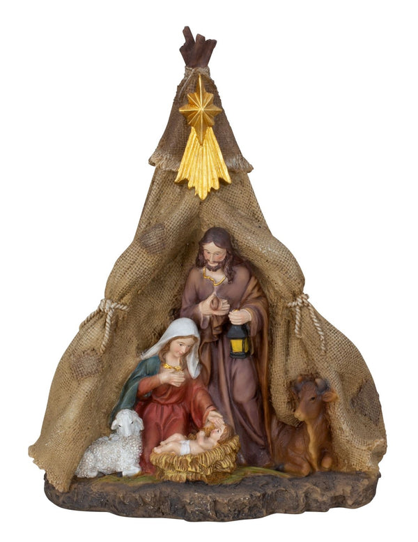 Nativity house with LED lighting 23cm polyresin Christmas decoration