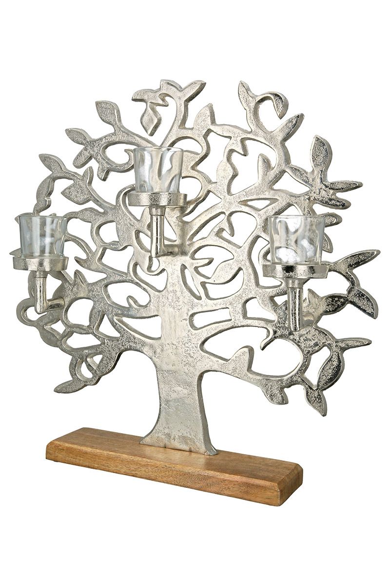 Silver 'Tree of Life' tealight candlestick with mango wood base - 3 candle holders including glass (B-stock) 