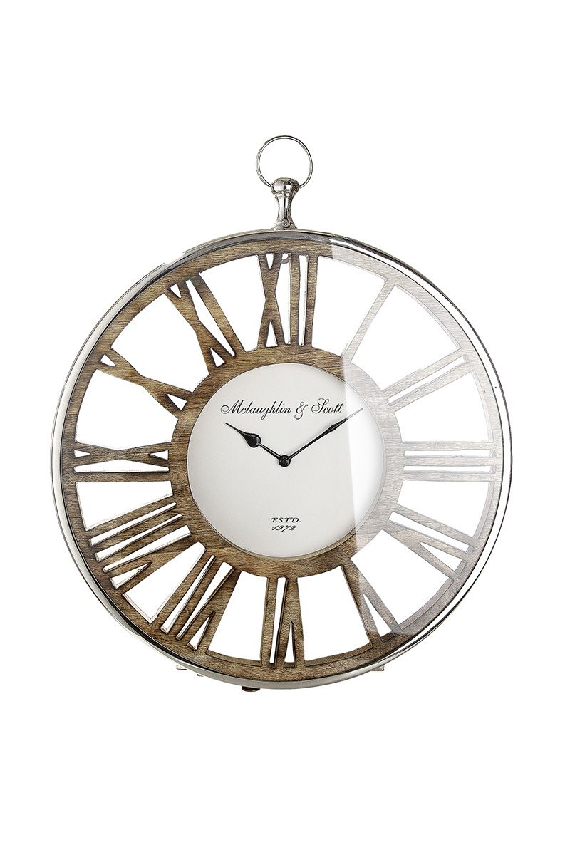 Wall Wooden Clock Seville in Silver Tone Brown