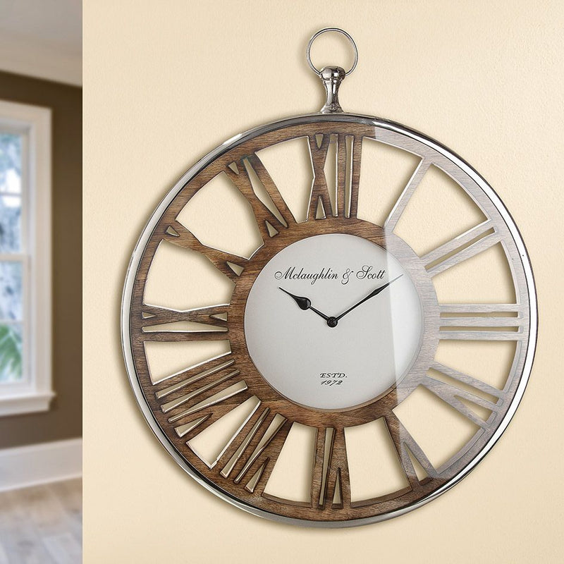 Wall Wooden Clock Seville in Silver Tone Brown