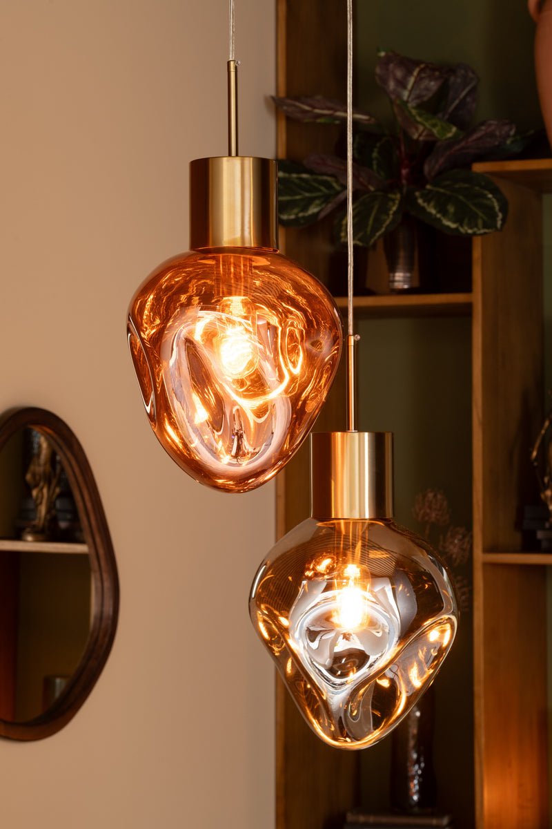 Hanging lamp made of metal in gold and glass in copper – 160 cm height