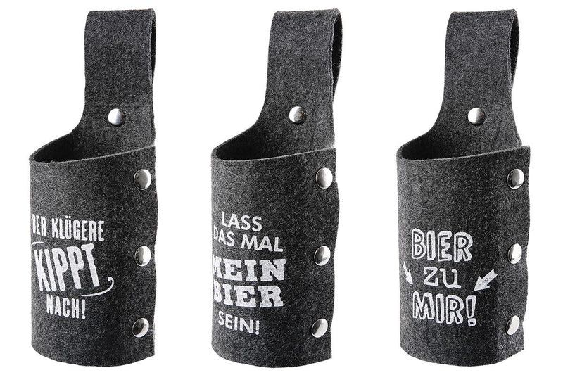 Drinking funny sayings - set of 9 felt bottle holsters, 3 assorted with funny beer wisdom