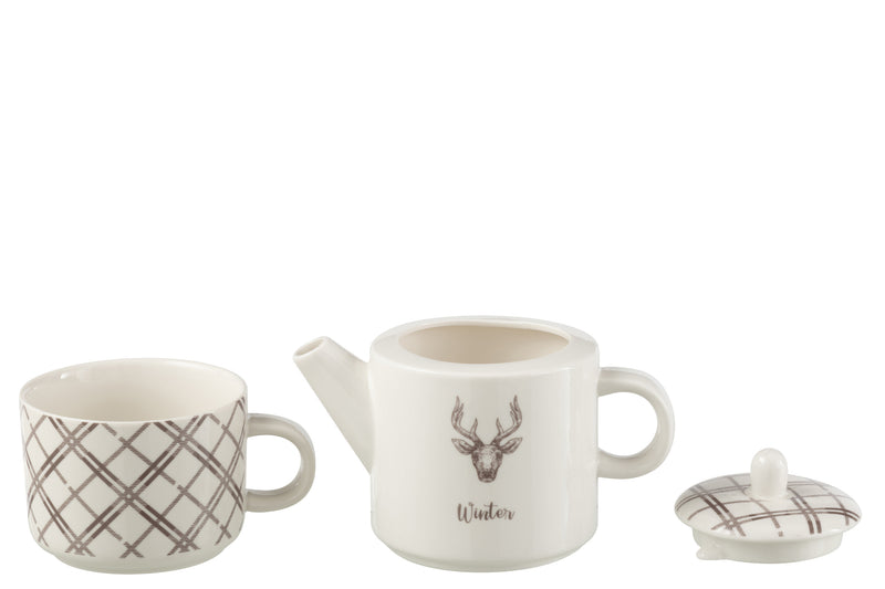 Teekanne und Tasse Set Rentier Design Weiß Braun im Geschenkebox