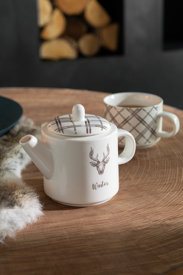 Teapot and Cup Set Reindeer Design White Brown in Gift Box