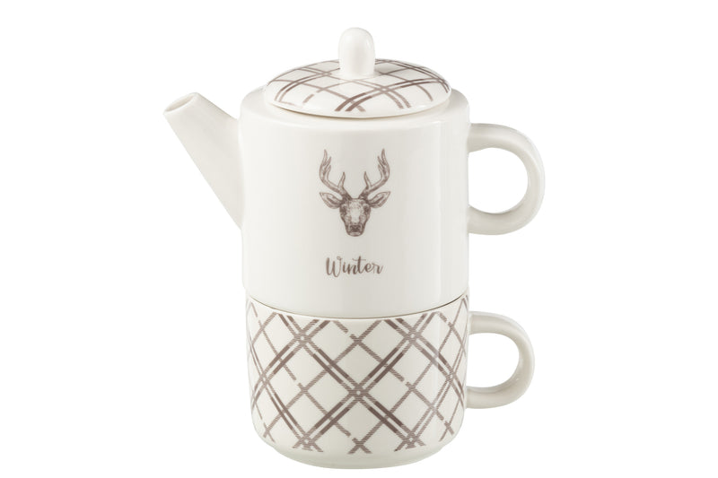 Teekanne und Tasse Set Rentier Design Weiß Braun im Geschenkebox