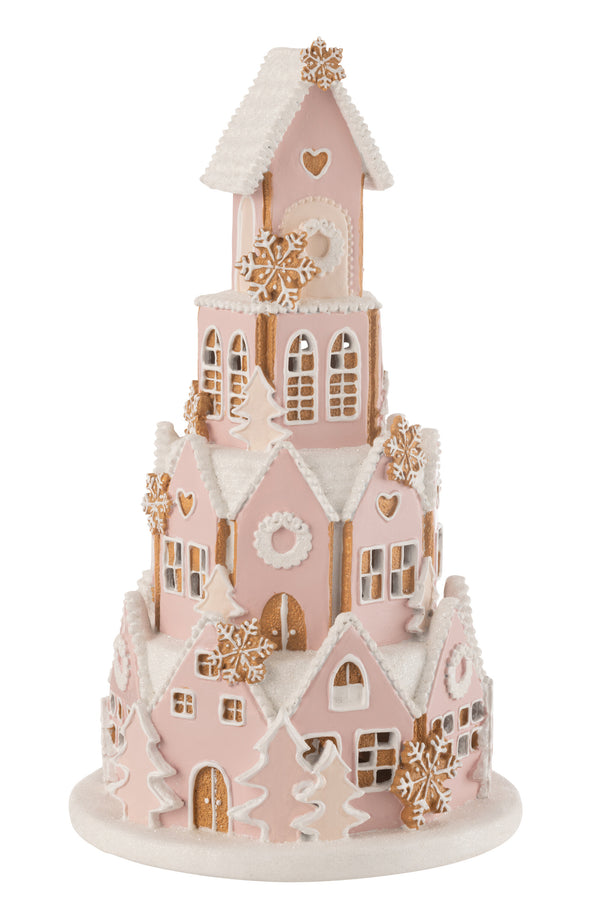 Gingerbread house decoration pink white made of polyresin 42 cm