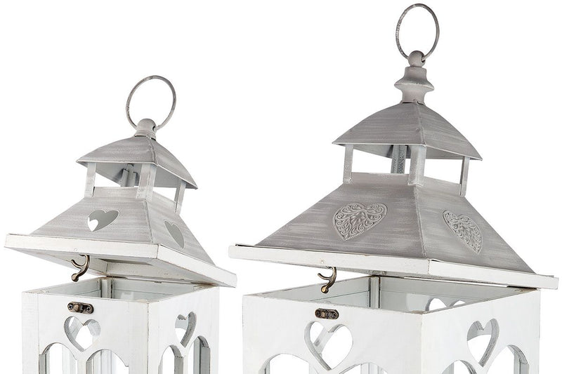 Houten lantaarn Cuoris set van 2 in antiek wit/grijs - perfecte decoratie voor een gezellig huis