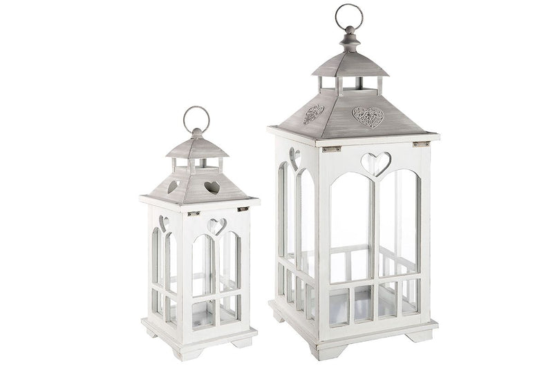 Houten lantaarn Cuoris set van 2 in antiek wit/grijs - perfecte decoratie voor een gezellig huis