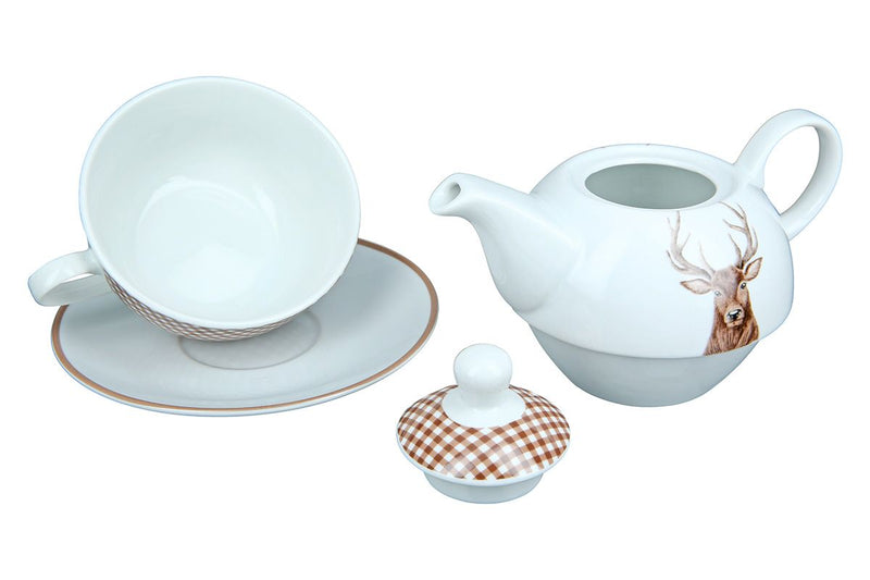Exclusieve set van 4 porseleinen thee voor één 'hertenbuste' - elegantie ontmoet functionaliteit