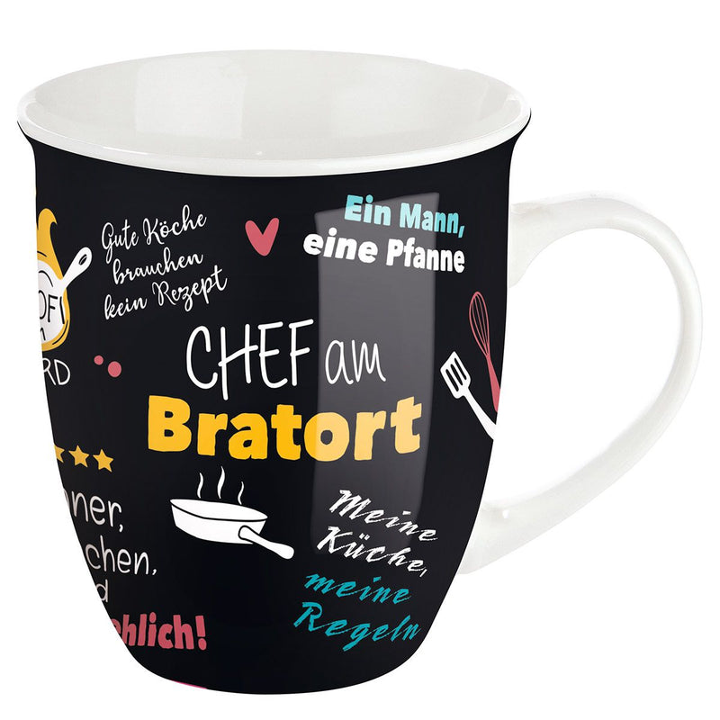 Chef at the Bratort - Set of 6 porcelain jumbo cups in black/white/yellow, 400 ml Item description: