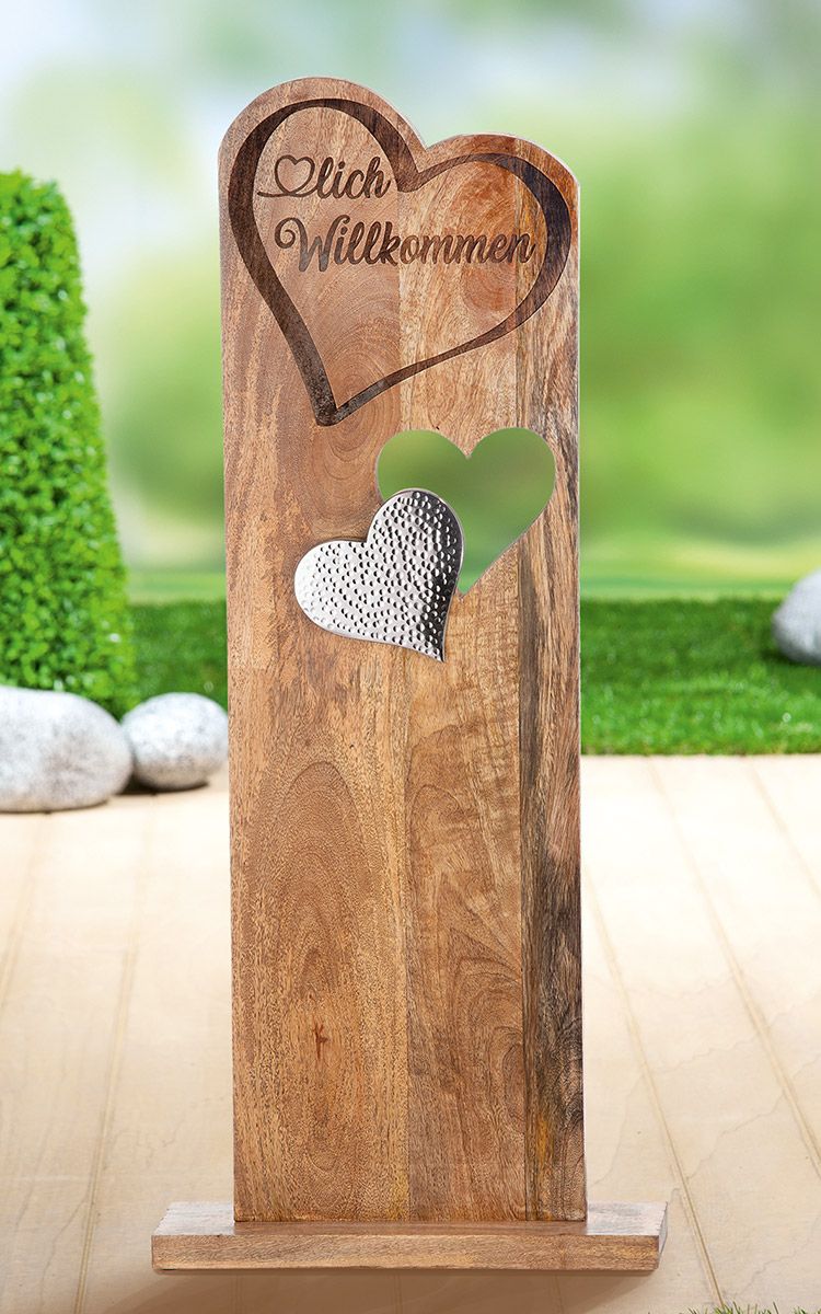 Welcome - Elegant standing relief "Heart" made of mango wood with silver accents, 86cm high