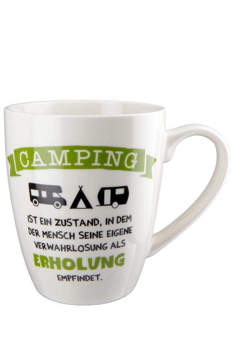 Camping - Set of 6 porcelain cups, green/black, saying design, 360 ml