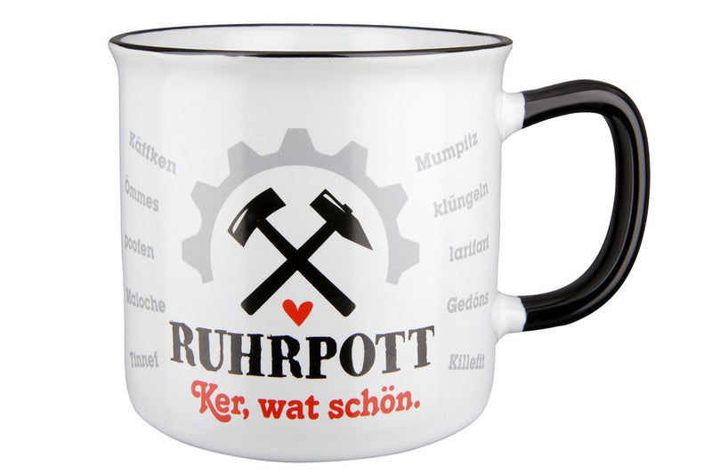 Ruhrpott - Ker, wat leuk - set van 6 keramische kopjes, wit/zwart/rood, geëmailleerd ontwerp, 390 ml