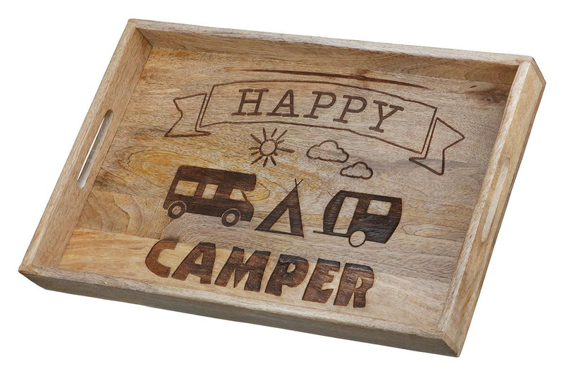 Set of 2 wooden decorative trays Happy Camper - Natural mango wood for stylish camping decoration