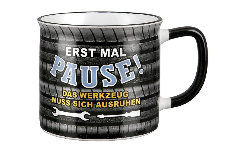 Pause - 6er Set Keramik Tassen für Schrauber, Emaille Design in Schwarz/Gelb/Blau, 390 ml