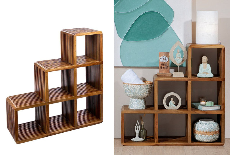 Wooden step shelf room divider Cali - teak, slotted design