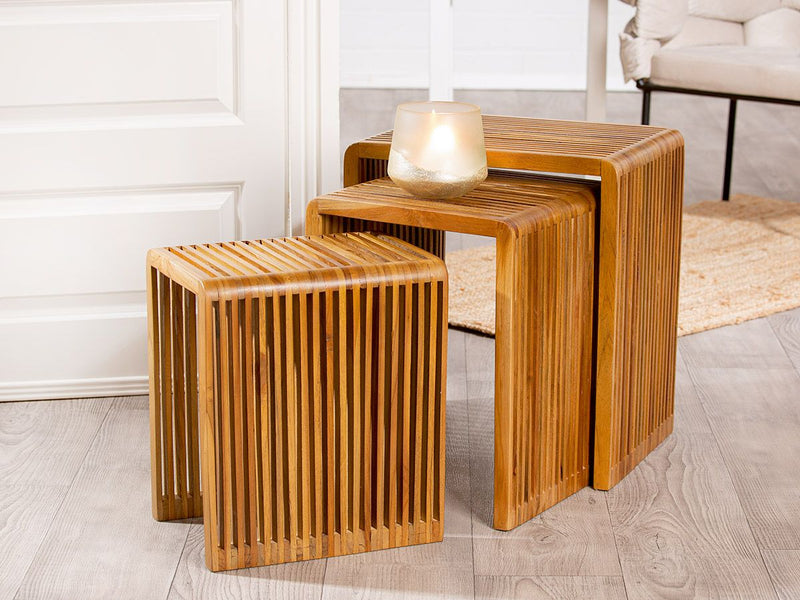 Wooden coffee table set Cali - set of 3 side tables made of teak wood with slotted design