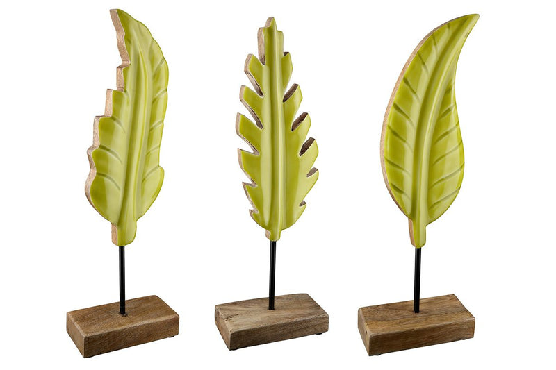 Sculpture stand relief leaf light green on natural colored base