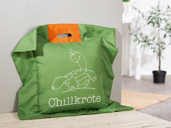 Set of 4 Chillkröte outdoor cushions with turtle motif, 55 x 55 cm, green