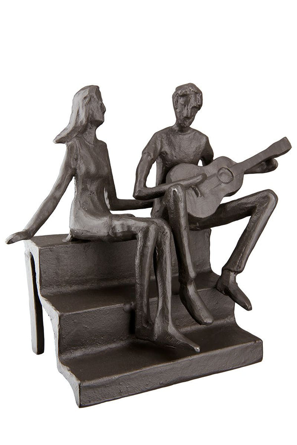 Iron Design Sculpture 'Guitar Player' - Burnished Couple on Stairs