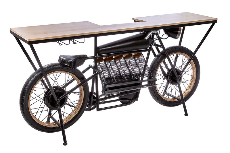 Motorcycle bar made of recycled mango wood and metal, 183x43x89 cm, black