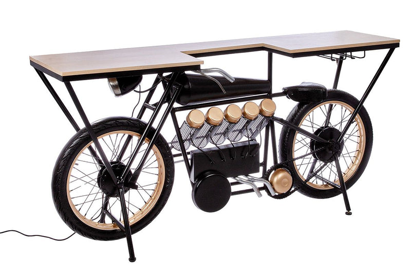Motorrad Bar aus recyceltem Mangoholz und Metall, 183x43x89 cm, Schwarz