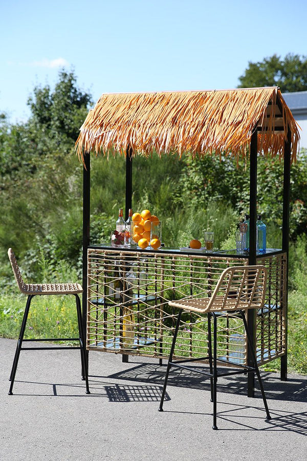 3-piece Hawaii bar set made of metal and polyrattan in natural colors with glass shelf and two chairs