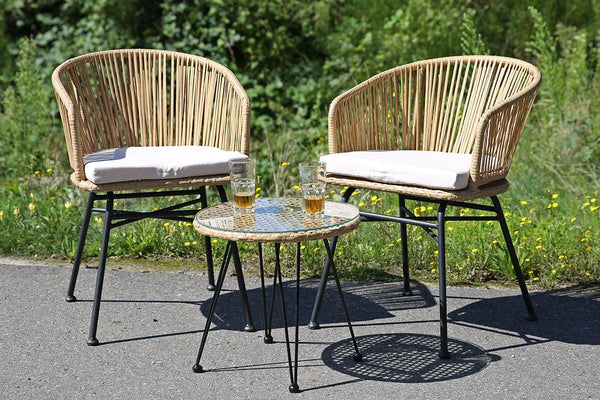 3 stuks Loungeset “Valencia” in naturel en crème – elegante metalen polyrotan set met glazen blad Modern design voor tuin en terras 