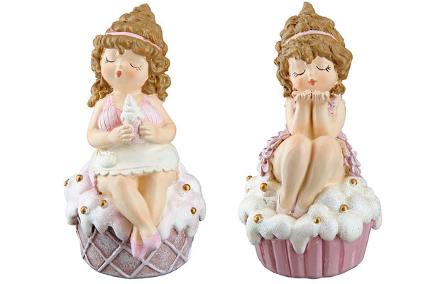 Set of 6 Cake Lady Cupcake Sitting - Charming figures in pink and white