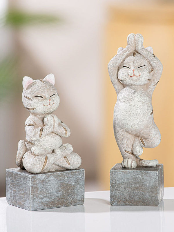6er Set Figuren - Yoga Katze 'Kitten', 2fach Sortiert, Grau auf Schwarzer Base