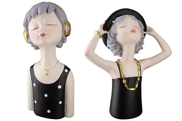 Set van 2 figuurdames met hoed-koptelefoon Ella - stijlvolle weergave in zwart/grijs/gouden kleuren