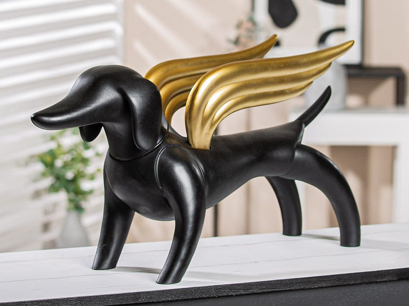 Flying Dachshund Sculpture - Modern resin figure with golden wings