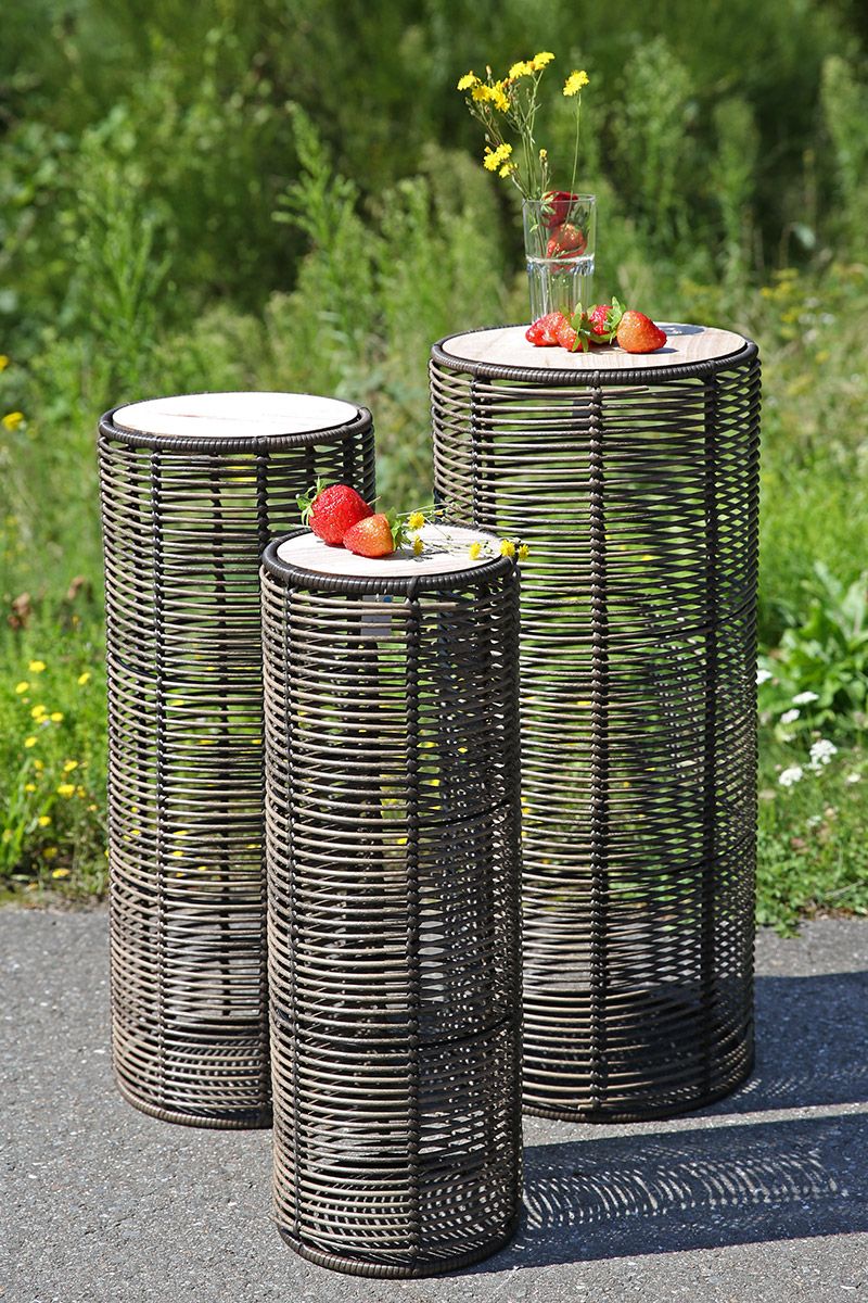 Set of 3 cylindrical columns 'Rotin' – polyrattan, brown