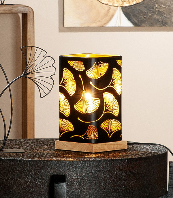 Set of 2 'Ginkgo' lamps - wood and metal with ginkgo leaf motifs 