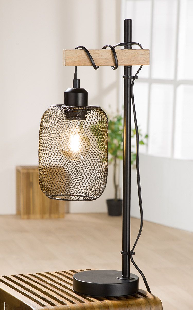 Tischlampe 'Gibet' in Schwarz/Naturfarben mit Holz und Metall