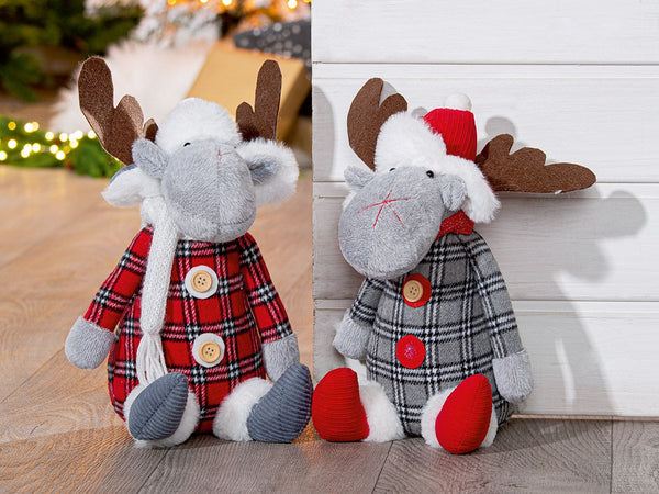 Set of 2 doorstops "Snorre", moose motif in checked design, textile in grey and red