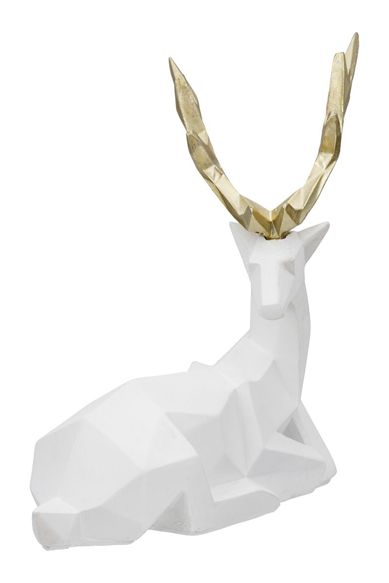 2er Set "Haimo" Hirschfiguren aus weißem Kunstharz mit goldenen Geweihen – Modernes Kunsthandwerk