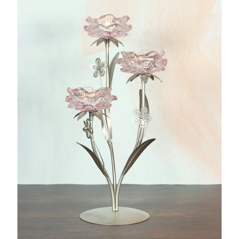 Dekorativer Glas-Teelichthalter Blume für drei Teelichte, 21,5 x 18,5 x 38,5 cm, rosa- Für romantische Akzente