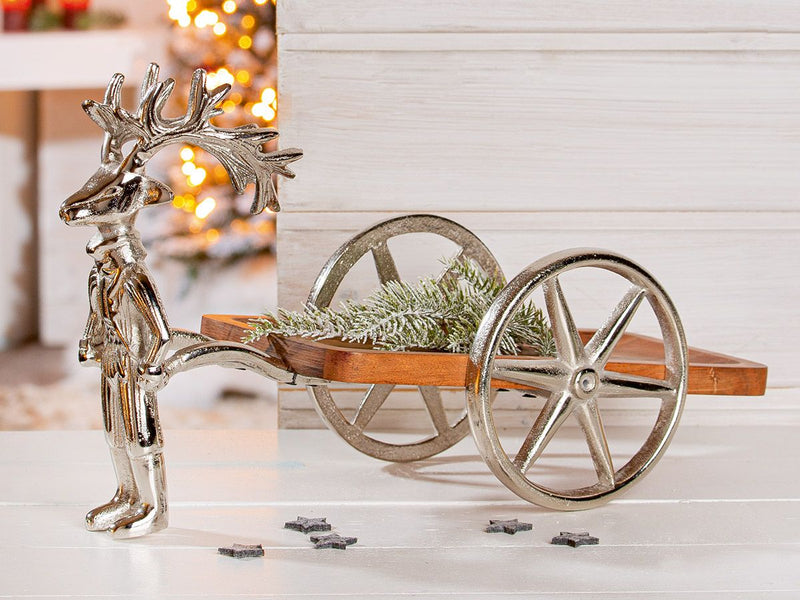 Elegant deer figure with cart made of aluminum and wood – ideal for decoration