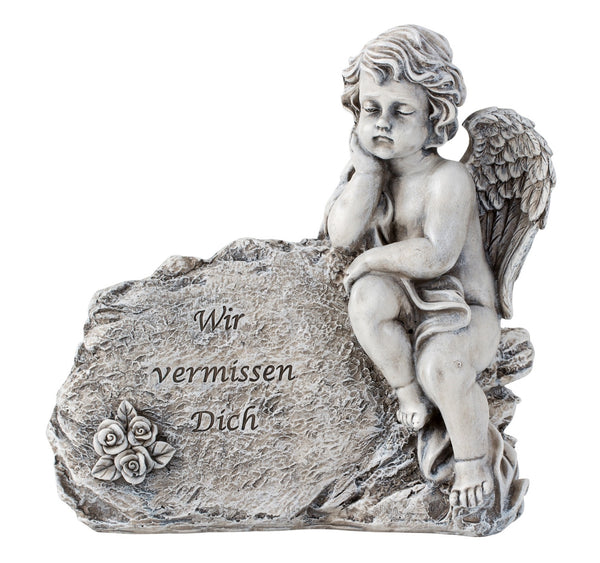 Grave angel "We miss you" with rose motif made of polyresin